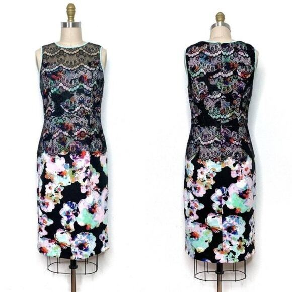 Neiman Marcus Floral Lace Overlay Sleeveless Scuba Sheath Dress sz Small - Picture 2 of 7